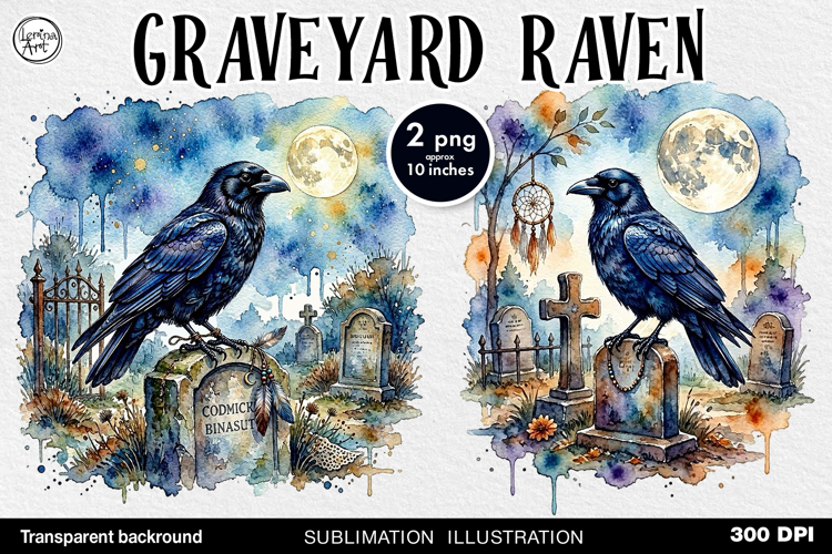 Watercolor Graveyard Raven. PNG sublimation