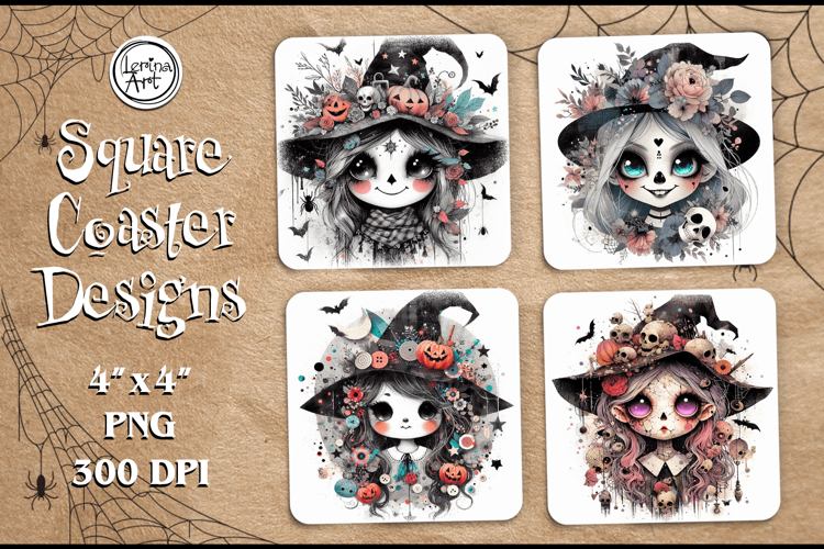 Cute Witch Halloween Coaster Design, 4 PNG