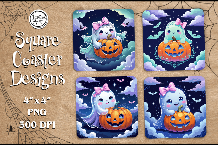 Cute Ghost Coaster Design, 4 PNG