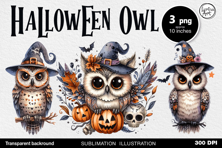 Watercolor Halloween Owls. PNG sublimation