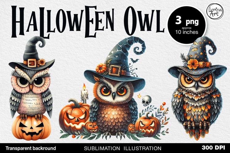 Watercolor Halloween Owls. PNG sublimation