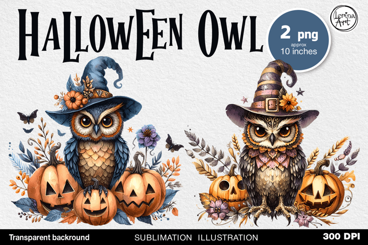 Watercolor Halloween Owls. PNG sublimation