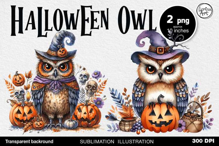 Watercolor Halloween Owls. PNG sublimation
