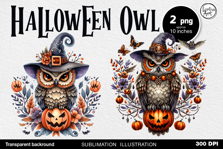 Watercolor Halloween Owls. PNG sublimation