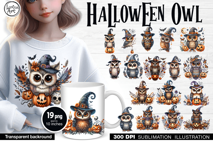 Watercolor Halloween Owls. PNG sublimation BUNDLE