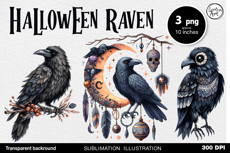Watercolor Halloween Raven. PNG sublimation