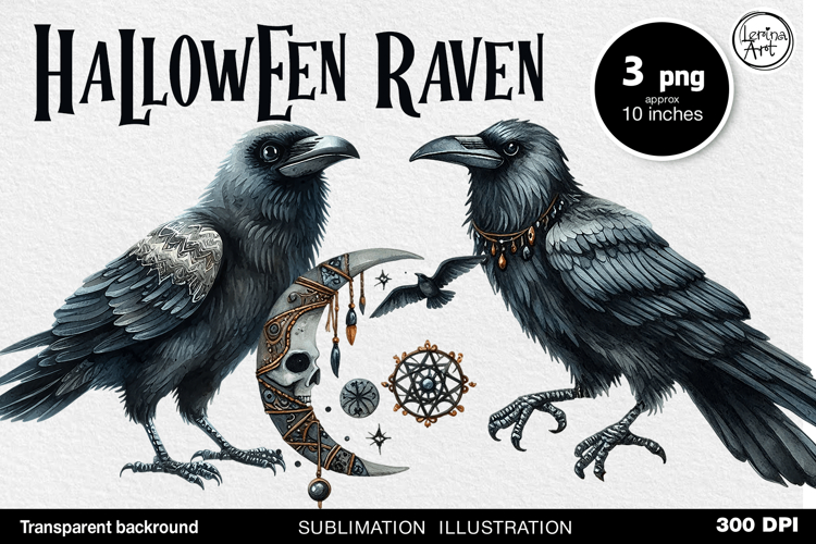 Watercolor Halloween Raven. PNG sublimation