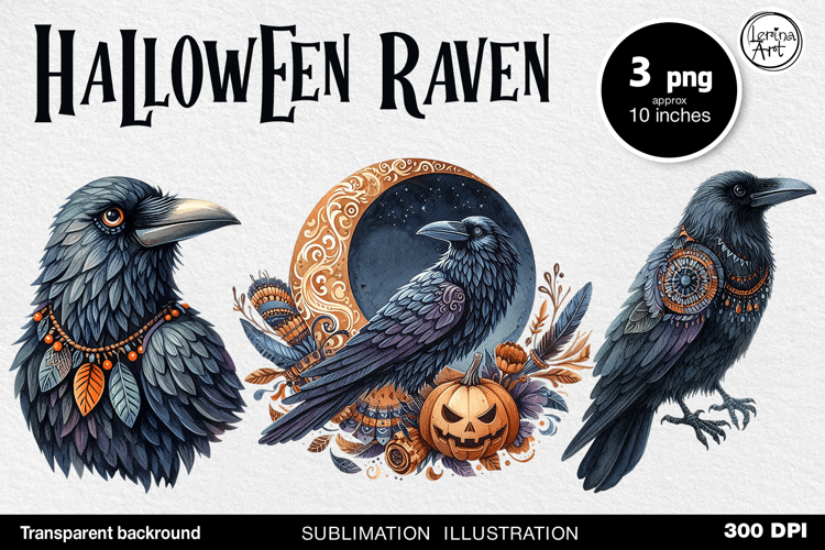 Watercolor Halloween Raven. PNG sublimation