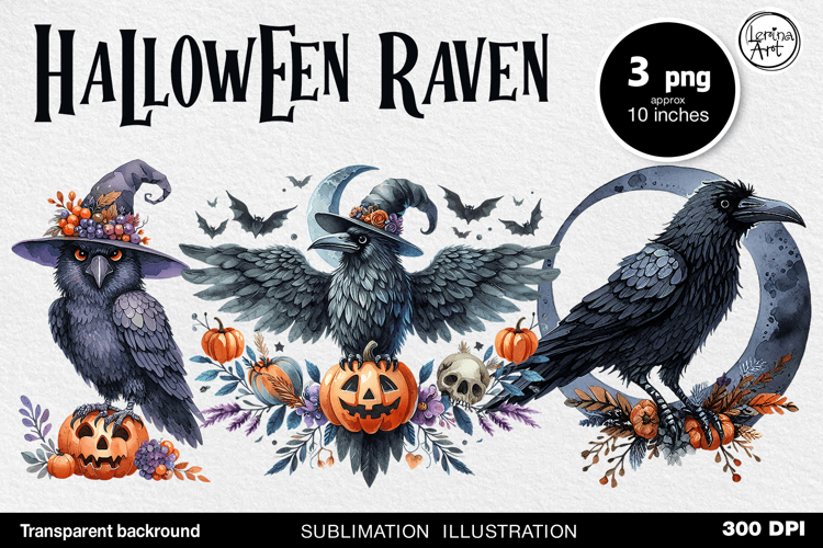 Watercolor Halloween Raven. PNG sublimation