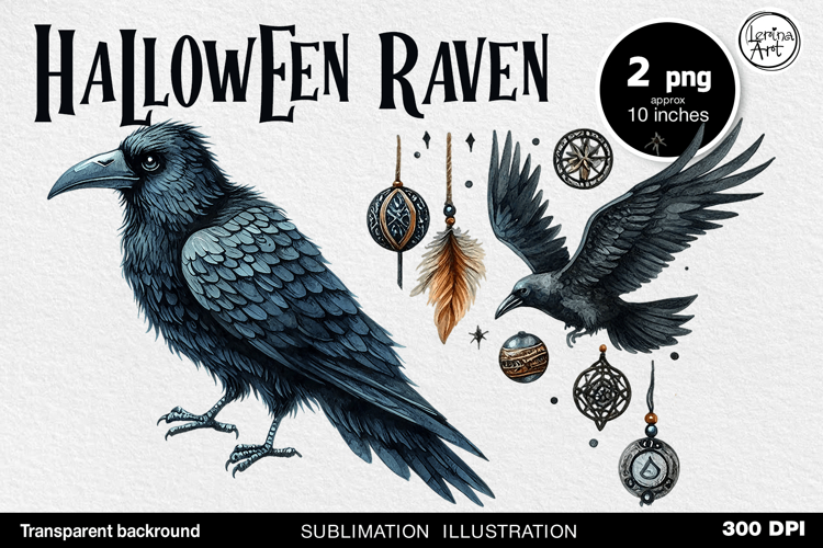 Watercolor Halloween Raven. PNG sublimation