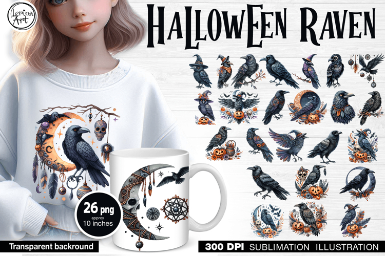 Watercolor Halloween Raven. PNG sublimation BUNDLE