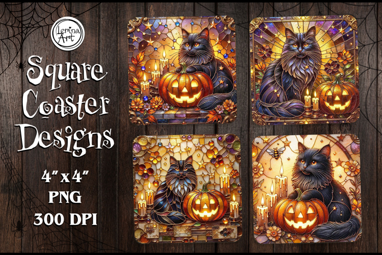 Halloween Stained Glass Coaster Design, 4 PNG