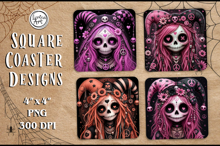 Whimsical Zombie Doll Halloween Coaster Design, 4 PNG
