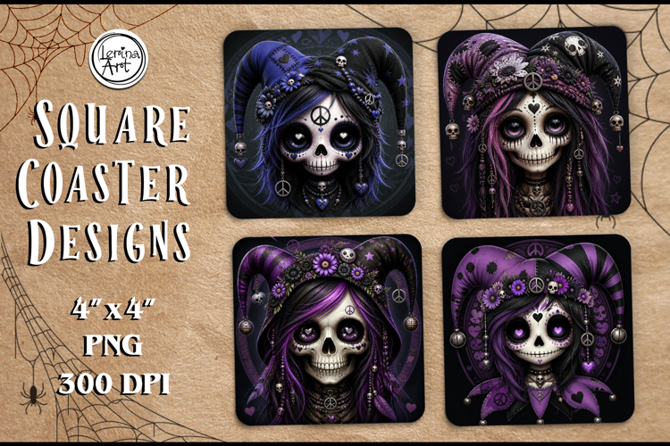Whimsical Zombie Doll Halloween Coaster Design, 4 PNG