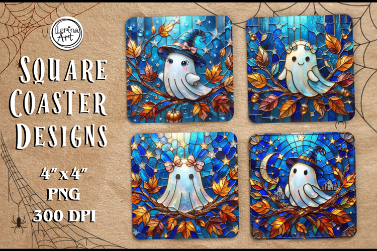 Halloween Ghost Stained Glass Coaster Design, 4 PNG