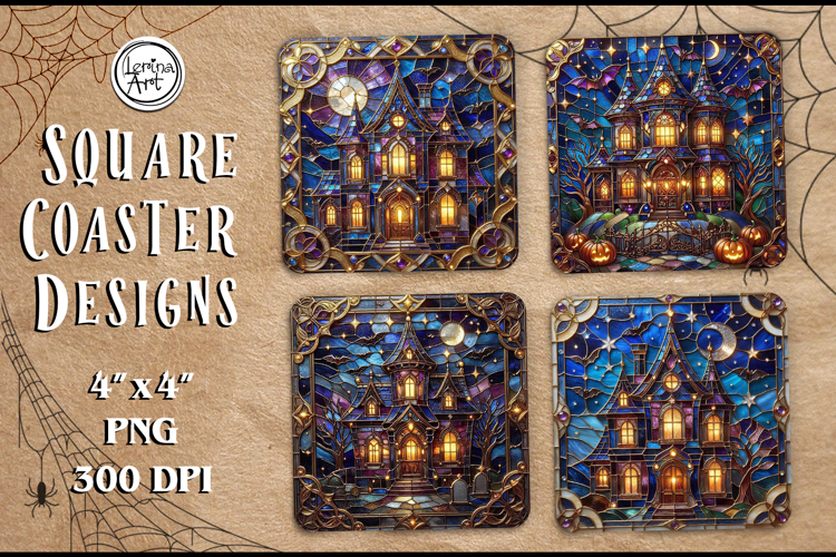 Haunted House Stained Glass Coaster Design, 4 PNG