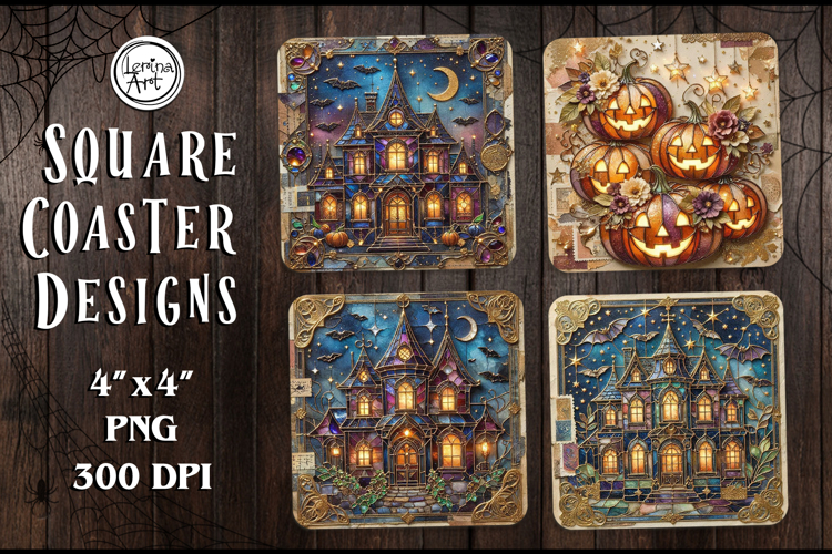 Haunted House Stained Glass Coaster Design, 4 PNG