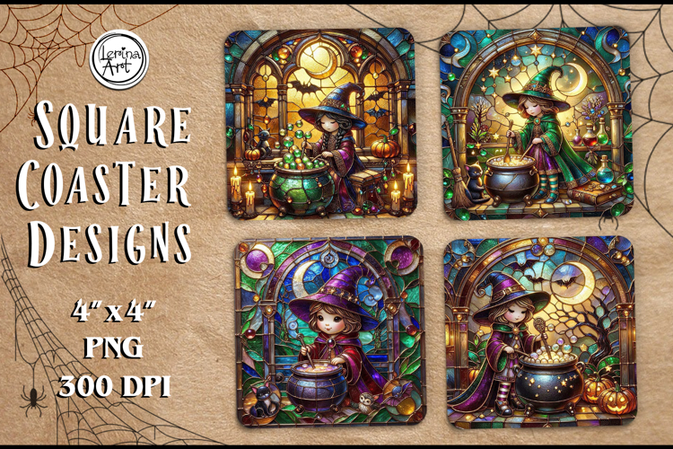 Halloween Witch Stained Glass Coaster Design, 4 PNG