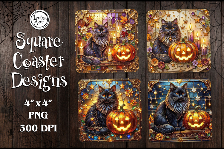 Halloween Stained Glass Coaster Design, 4 PNG