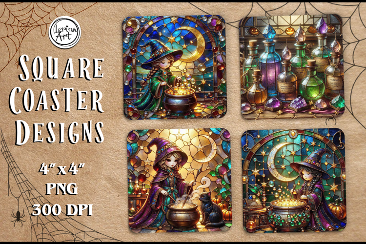 Halloween Witch Stained Glass Coaster Design, 4 PNG