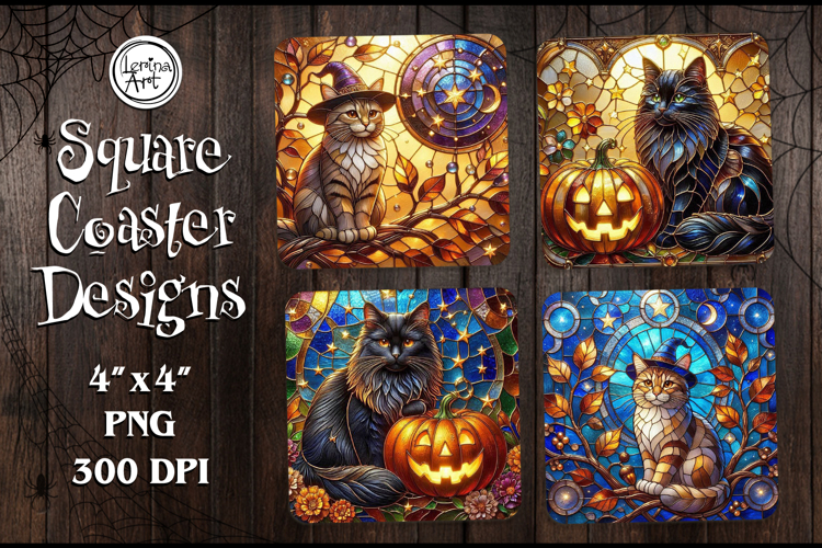 Halloween Stained Glass Coaster Design, 4 PNG