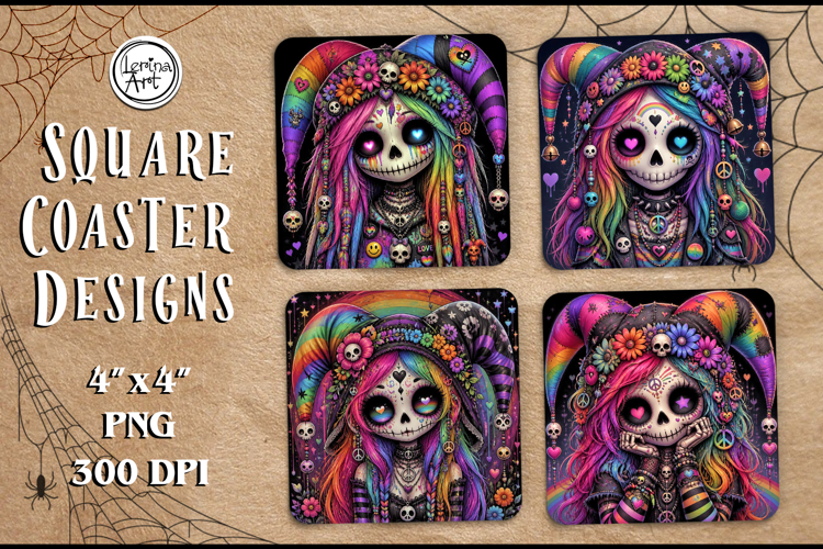 Whimsical Zombie Doll Halloween Coaster Design, 4 PNG