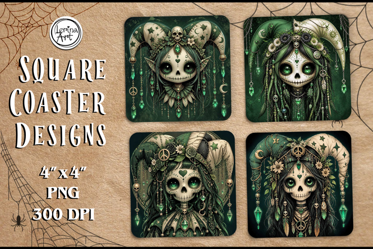 Whimsical Zombie Doll Halloween Coaster Design, 4 PNG