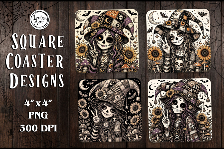 Whimsical Zombie Doll Halloween Coaster Design, 4 PNG