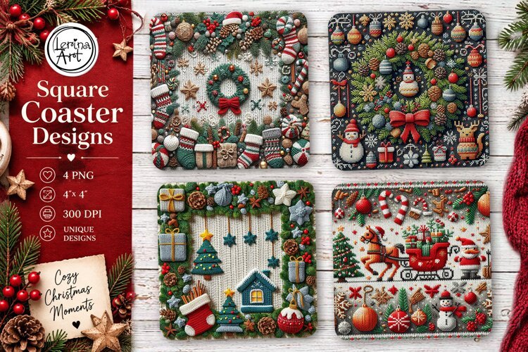 Christmas Coaster. Knitted Coaster Design, 4 PNG