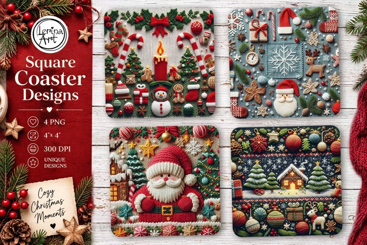 Christmas Coaster. Knitted Coaster Design, 4 PNG
