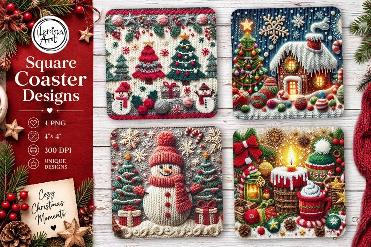Christmas Coaster. Knitted Coaster Design, 4 PNG