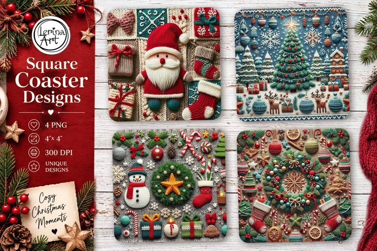 Christmas Coaster. Knitted Coaster Design, 4 PNG