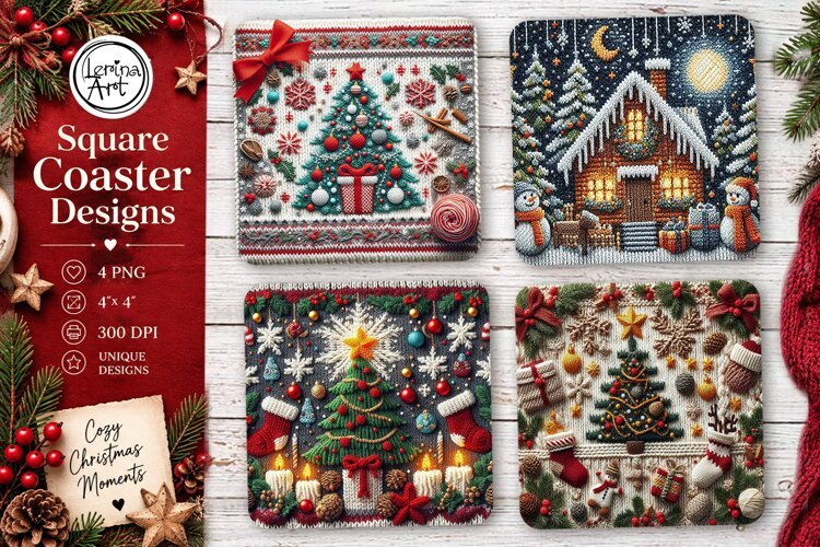 Christmas Coaster. Knitted Coaster Design, 4 PNG