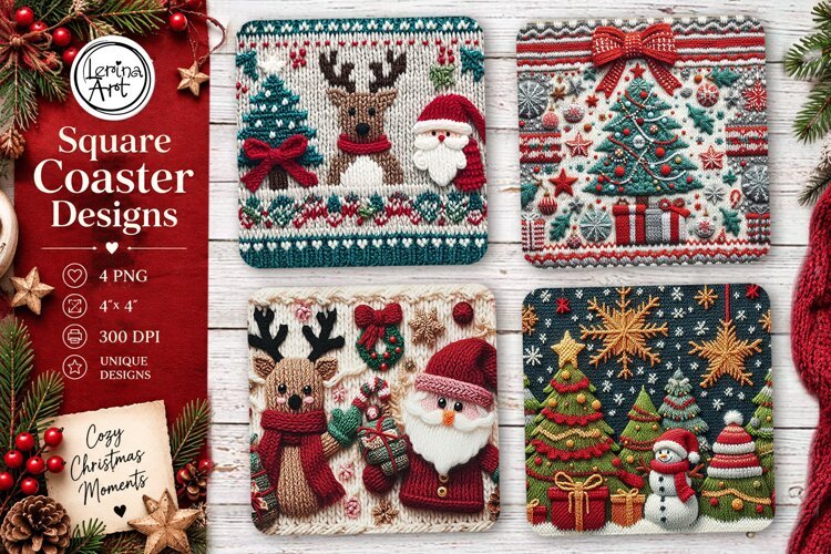 Christmas Coaster. Knitted Coaster Design, 4 PNG