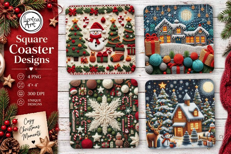 Christmas Coaster. Knitted Coaster Design, 4 PNG