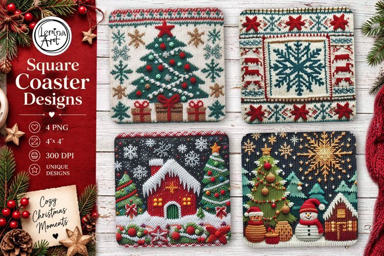 Christmas Coaster. Knitted Coaster Design, 4 PNG