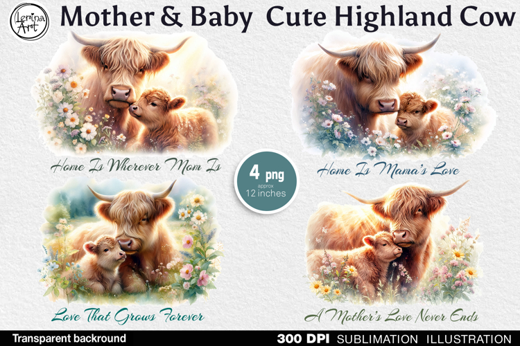 Mother & Baby Highland Cows. 4 PNG sublimation
