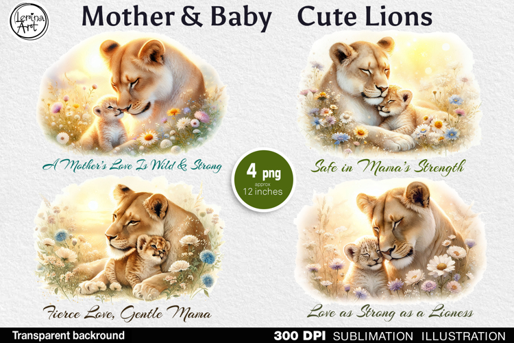 Mother & Baby Lions. 4 PNG sublimation