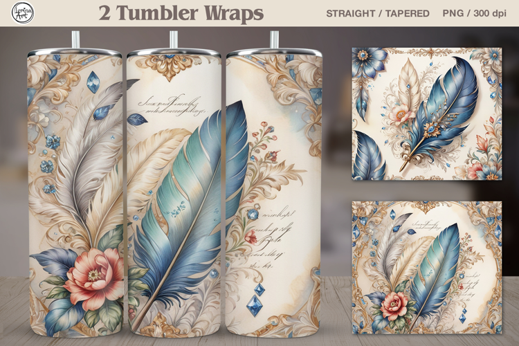 2 Vintage Feather Tumbler Sublimation, 20 oz Wrap, Seamless