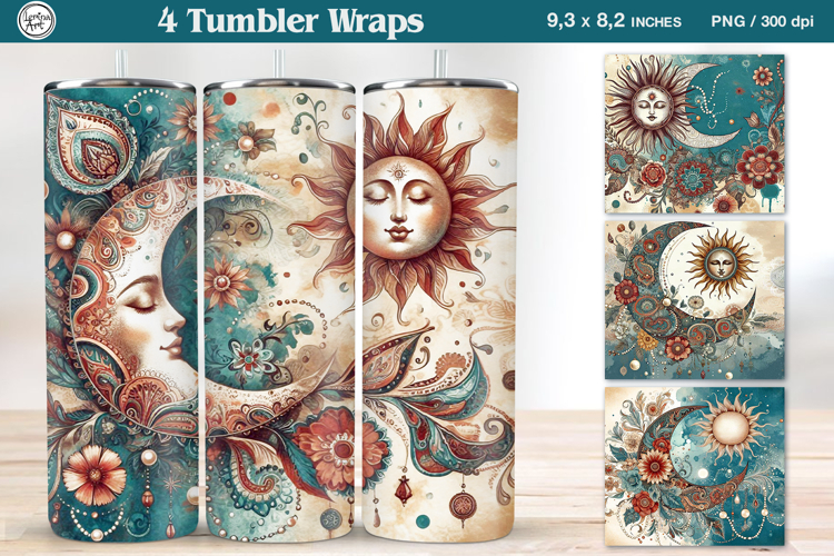 4 Boho Celestial Tumbler Wrap. Day and Night 20 oz PNG