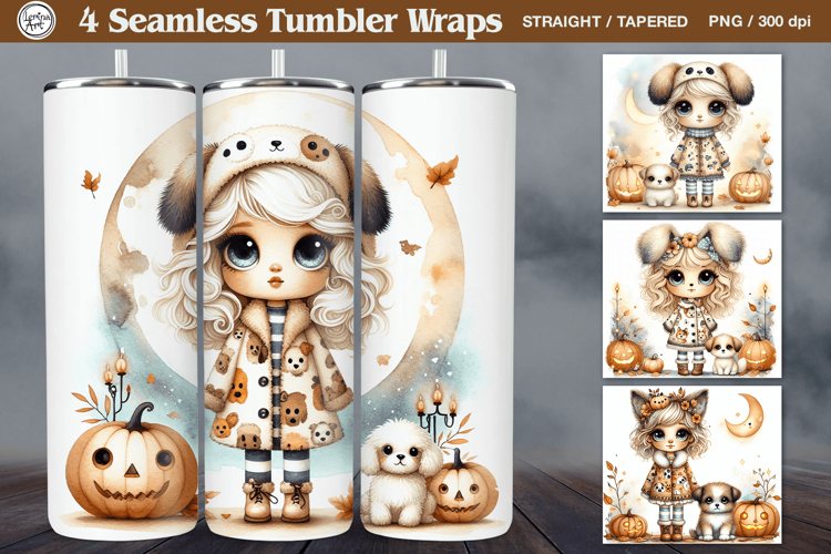 4 Cute Halloween Tumbler Wrap Sublimations, 20 oz