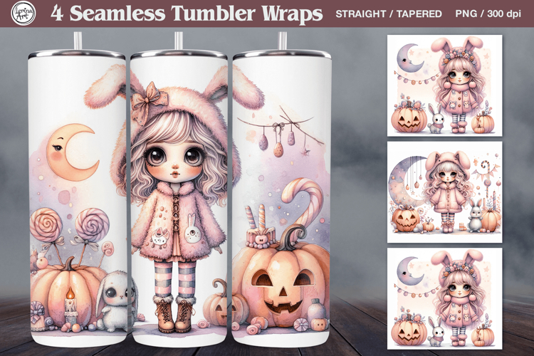 4 Cute Halloween Tumbler Wrap Sublimations, 20 oz
