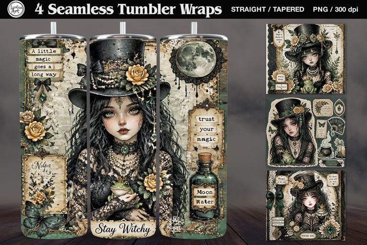4 Cute Gothic Witch Tumbler Wrap Sublimations, 20 oz