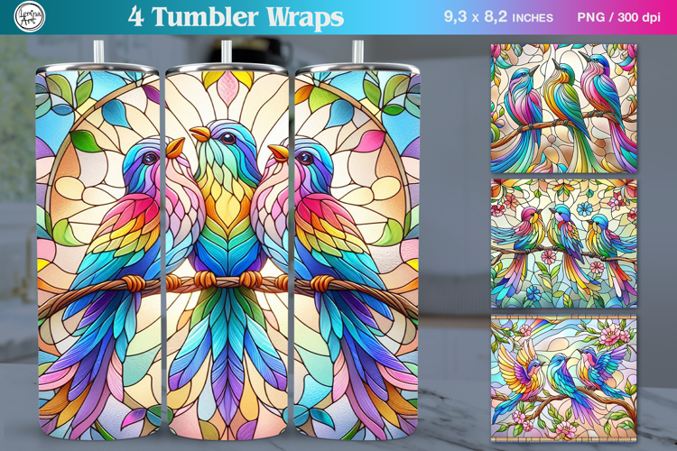 4 Stained Glass Bird Sublimation, 20 oz Tumbler Wrap