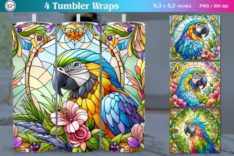 4 Stained Glass Parrot Sublimation, 20 oz Tumbler Wrap