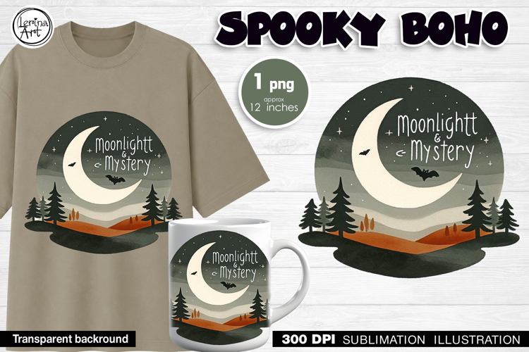 Halloween Moonlit Mountain Landscape Sublimation Design PNG