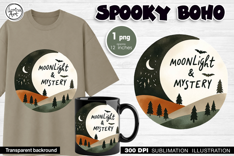 Halloween Moonlit Mountain Landscape Sublimation Design PNG