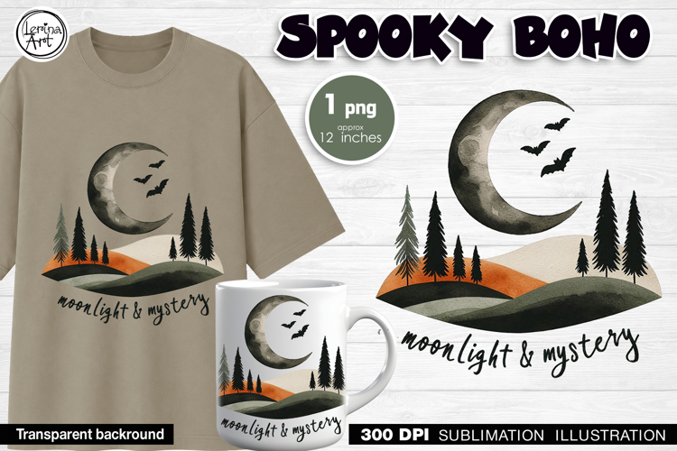 Halloween Moonlit Mountain Landscape Sublimation Design PNG