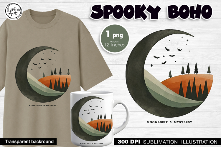 Halloween Moonlit Mountain Landscape Sublimation Design PNG