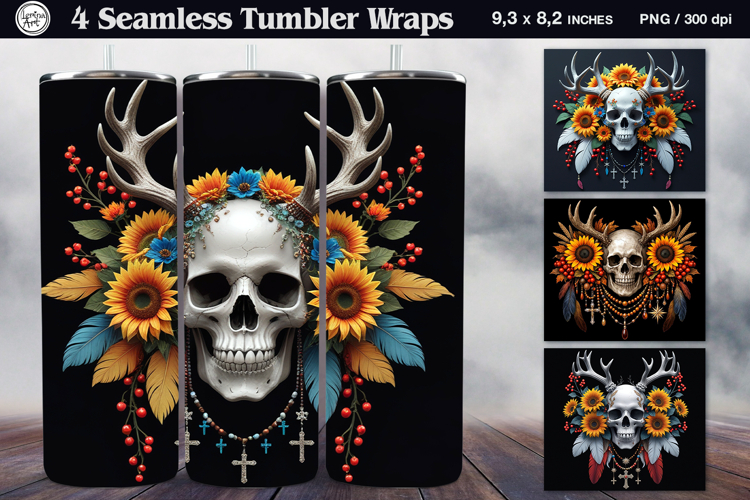 4 Skull and Sunflower Tumbler Sublimation, 20 oz